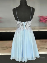 A Line V Neck Short Blue Lace Semi Formal Prom Dresses, Short Blue Lace Formal Homecoming Dresses